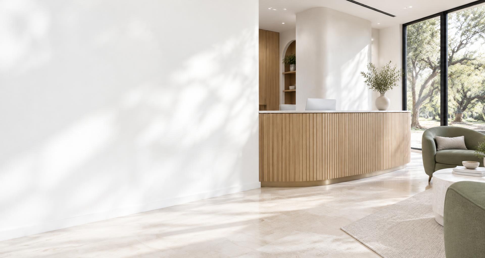 Illustrative dermatology clinic reception with bright seating and natural light
