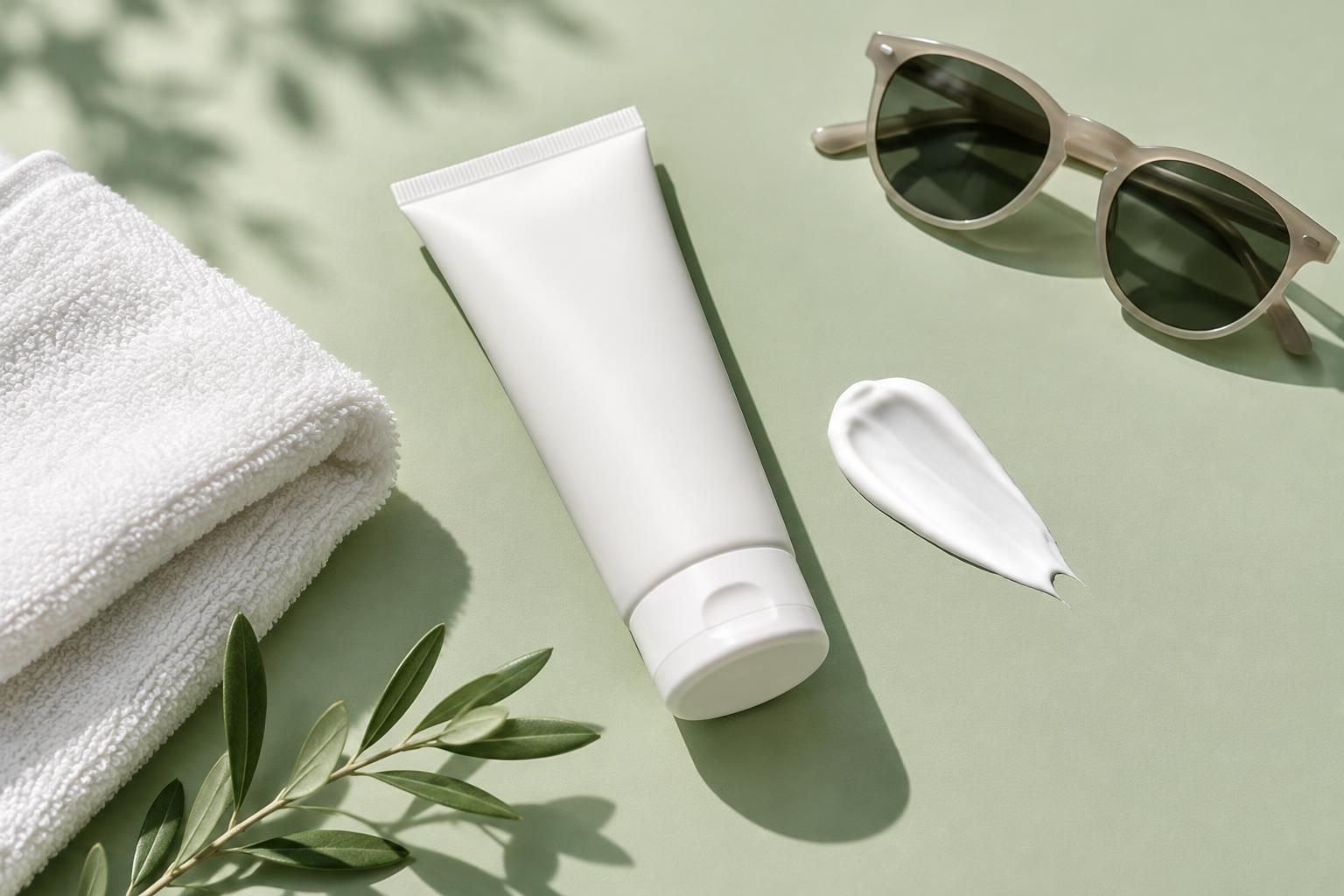 Illustrative sun protection still life with an unbranded sunscreen tube, sunglasses, and towel on a sage surface