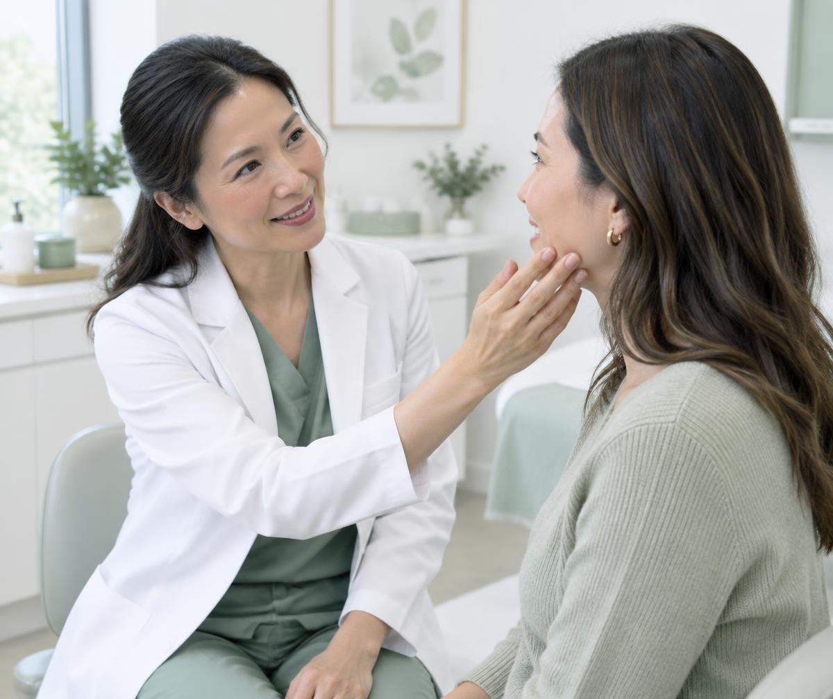 Illustrative skin consultation showing a clinician listening to a patient